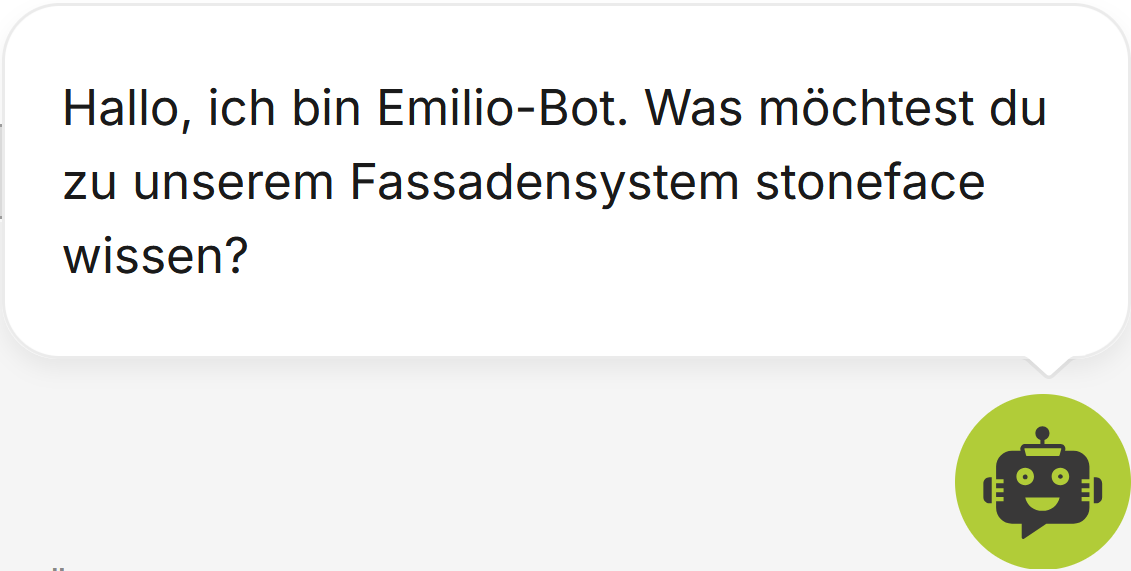 Unser Emilio Bot, der perfekte Gratishelfer, rund um unser Kompaktfassadensystem "stoneface"